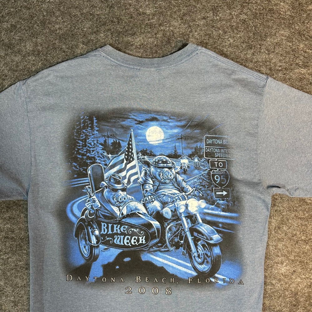 Gildan Daytona Bike Week 2008‎ Graphic T Shirt Mens Large Blue Hog Motorcycle